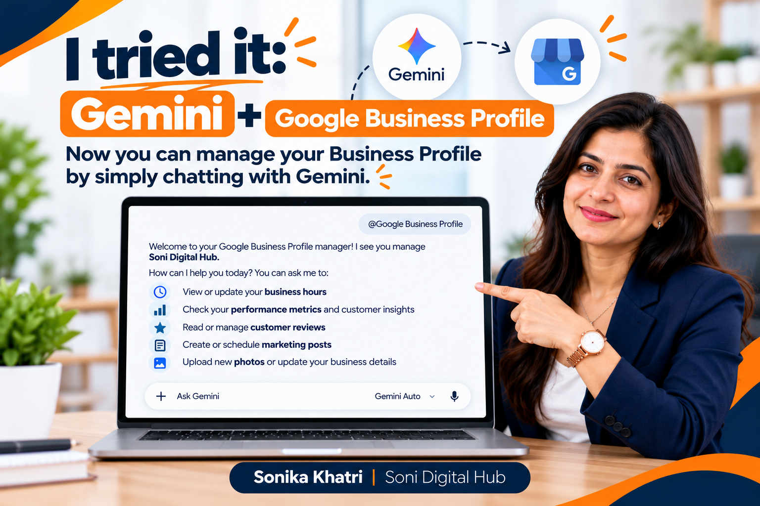 How to Connect Gemini to Your Google Business Profile (and What It Can Do) Gemini and Google Business Profile integration showing business hours, performance insights, reviews, posts, and photo management.